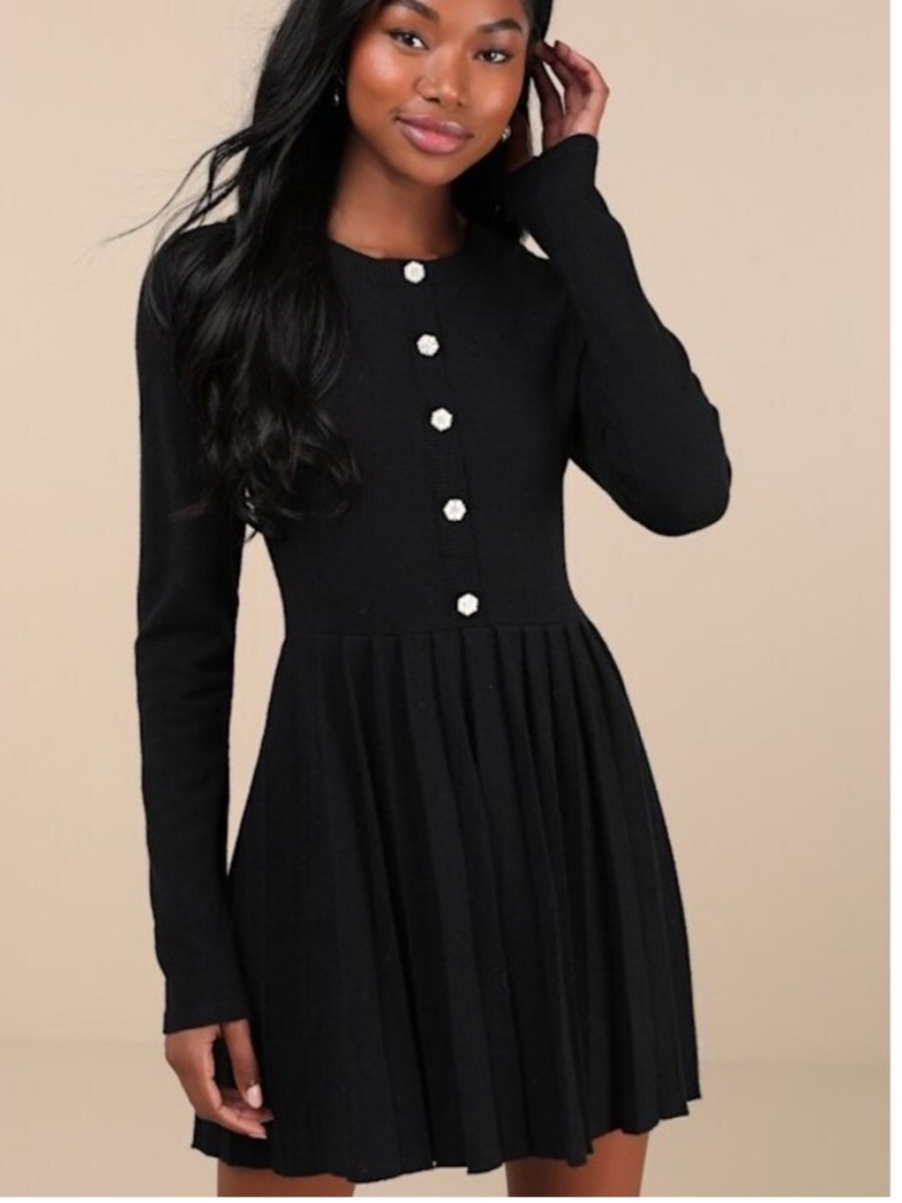Lulu's Beyond Sweet Black Pearl Pleated Mini Sweater Dress